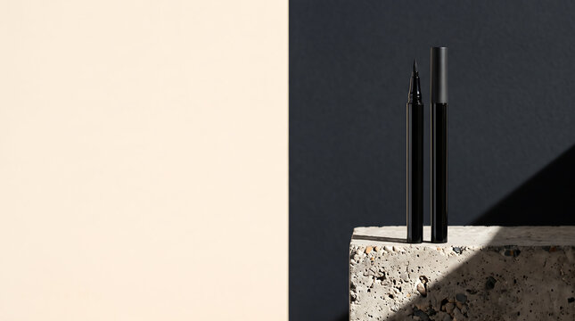 Black Eyeliner Pen with Cap on Travertine Stone with Beige and Navy Background