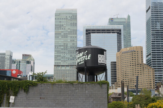 looking north from edge of Roundhouse Park to historic water tower, hotels and office towers, Toronto