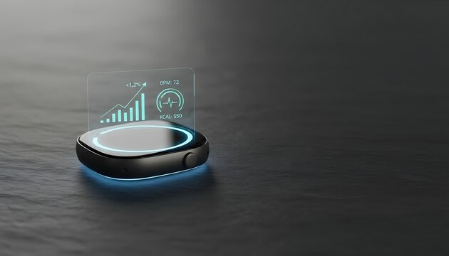 Modern smart fitness tracker displaying health metrics on a holographic screen