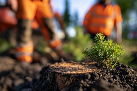 Forestry engineer inspecting regrowth on harvested plot with young pine sapling
