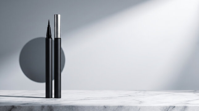 Black Cosmetic Pen with Silver Cap on Marble Surface with Circular Shadow