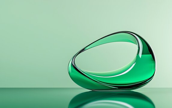 Emerald green glass sculpture with a smooth, organic form, reflecting on a polished surface