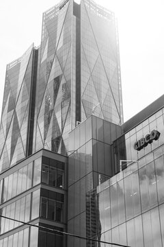 black and white view of the northeast elevation of CIBC Square, designed by WilkinsonEyre, located at 81 and 141 Bay St, Toronto