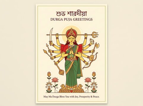 Elegant Durga Puja Greeting Card with Traditional Illustration and Wishes