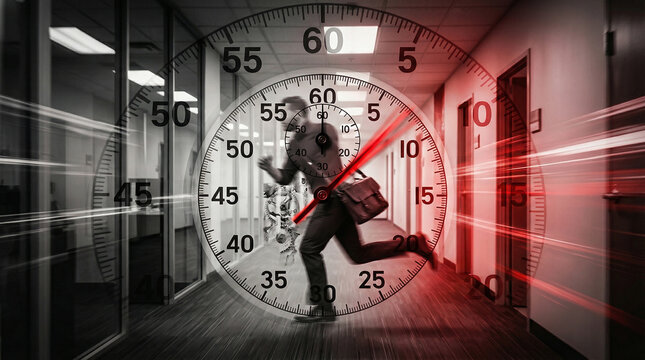 Silhouette of businessman running inside a glowing stopwatch tunnel perfectly illustrating urgent corporate deadlines and fast time management
