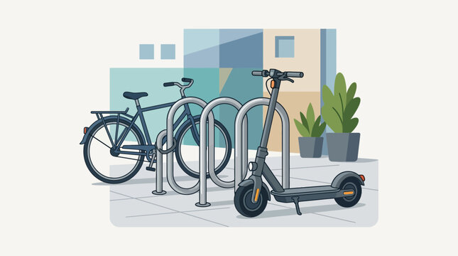 Urban street scene showcasing sustainable transportation, with a bicycle and electric scooter parked at a city bike rack, highlighting eco-friendly mobility and an active lifestyle