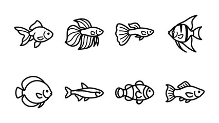 Obraz premium Collection of Fish Icons: A charming set of line art illustrations depicts various aquatic species, showcasing diverse fish shapes and fin styles for use in graphic design and educational content.