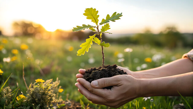 Person holding a small oak tree seedling in cupped hands outdoors at sunset