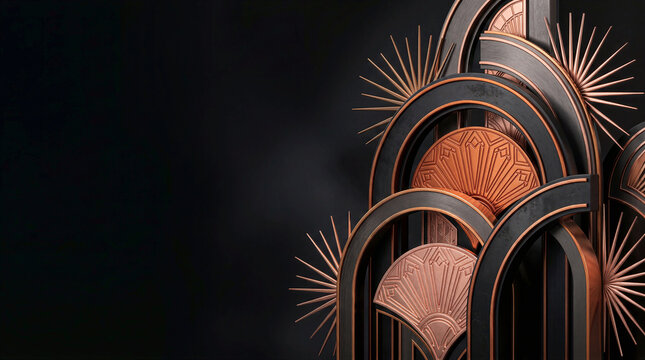 Elegant Art Deco Happy New Year Greeting Card Backdrop with Geometric Copper Archway Structures and Sunburst Patterns on Black Background Luxury Festive Celebration Decorative Minimalist Banner Design