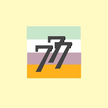 An illustration of the number 77 in black with an elegant three-dimensional shadow effect. The number is placed on a flag-shaped background with a green horizontal striped pattern. 