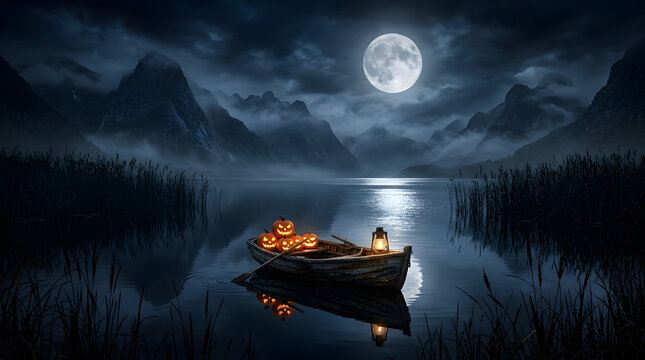 Halloween pumpkin jack-o-lantern on a wooden boat floating on a dark misty lake at night with full moon lake surface halloween decoration blue moonlight scenic landscape