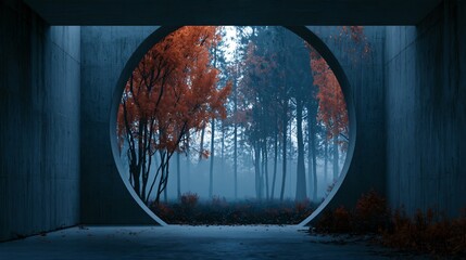 Obraz premium A Halloween background depicting an atmospheric forest viewed through a circular architectural opening, with orange autumn foliage outside and dense blue-gray mist between the trees