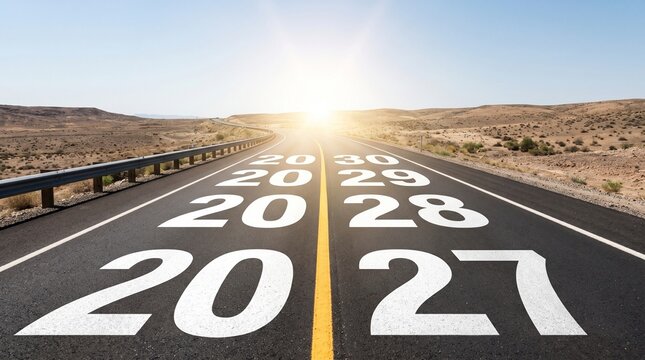 Road to the future concept, highway with numbers 2027 2028 2029 2030 painted on asphalt asphalt under bright sunrise light, vision of upcoming years and new career goals perspective.