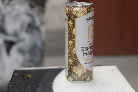 close-up of a discarded metal can of Seagram 13 - Spicy Espresso Martini, a 13% ABV ready-to-drink cocktail made in Ontario in Toronto