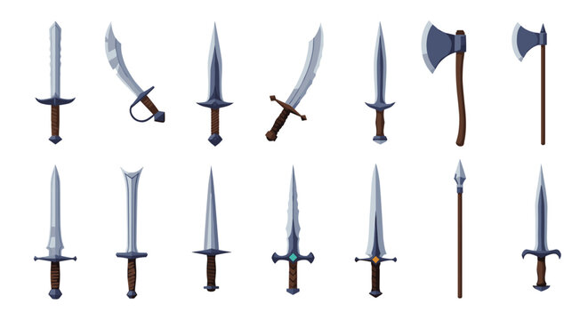 Large set of pixel art fantasy medieval weapons including swords, curved daggers, double axes, and a spear.