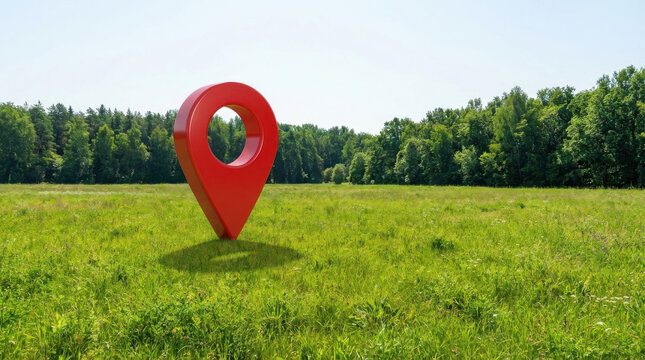 Glossy red location pin standing tall in green summer meadow