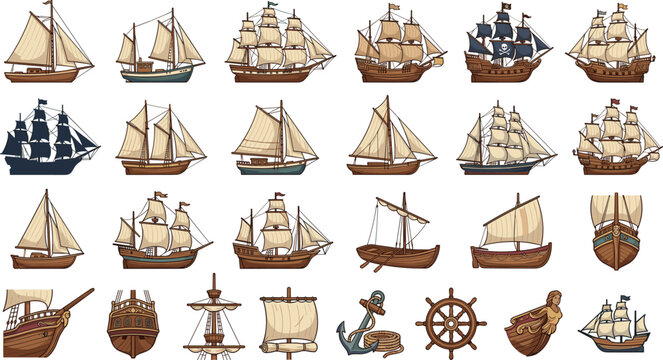 Vintage seafaring sailing ships and historical wooden pirate vessels vector illustration set with nautical anchor helm and figurehead design elements