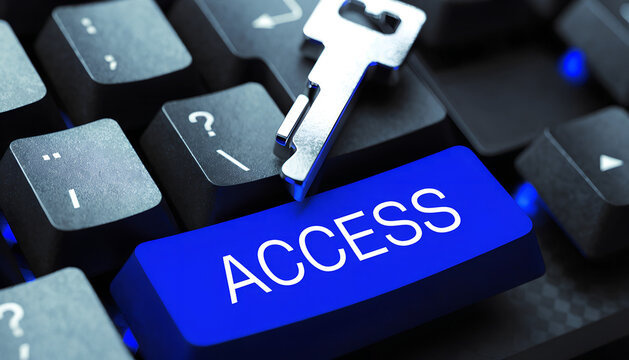 Metal key resting on a black computer keyboard with a prominent blue access key.
