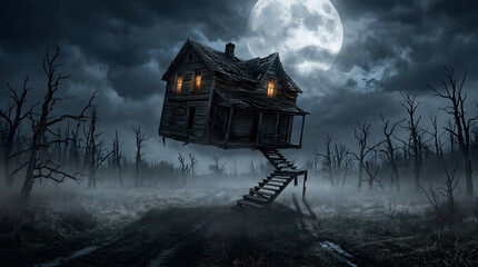 Obraz premium Creepy wooden house perched on long spindly legs in a dark misty swamp at night under full moon with haunted house spooky cottage wooden shack misty forest fantasy architectu