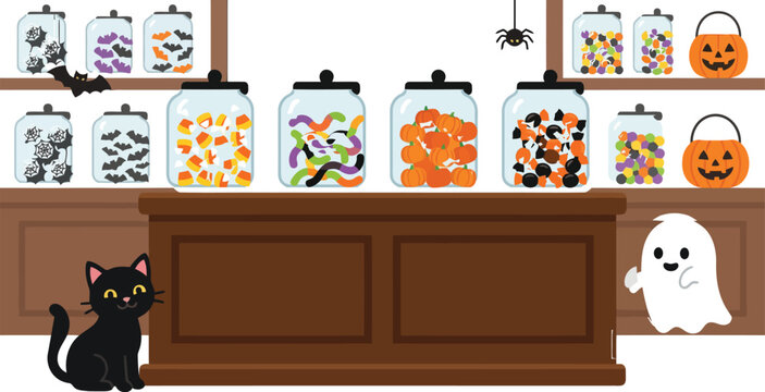 Halloween candy shop counter with glass jars filled with sweets, bats, and pumpkins, accompanied by a black cat and a ghost character