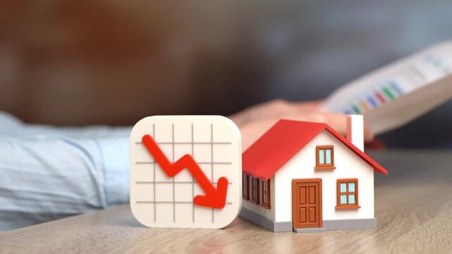A private house and red downward arrow. Falling housing prices and declining property values in real estate market downturn and economic crisis