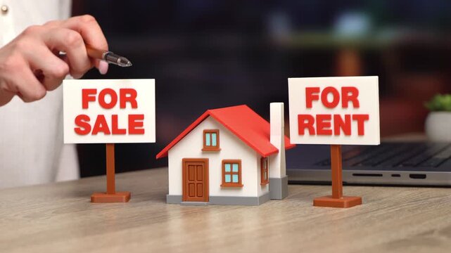 Buy or rent a house. Sell the house or rent it out for regular income. Property decision concept shows investment strategy, housing market choice, and income planning. Female hand and question mark