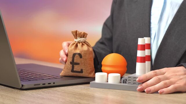 Chemical plant and a British pound money bag. Gas infrastructure. Energy complex revenues and budget-forming enterprises. Investments in industrial infrastructure