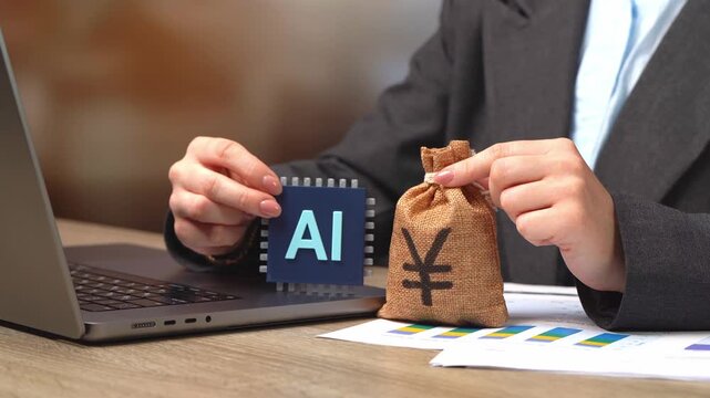 The yen or yuan money bag and an AI chip. Investments in artificial intelligence. Business and trading using AI. Technology driven finance transforms markets. Innovation boosts efficiency
