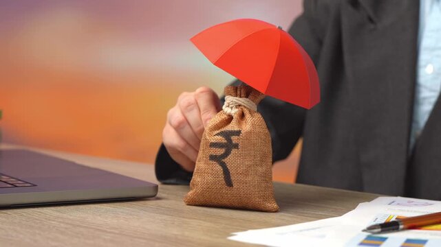 Indian rupee money bag and an AI chip. Investments in artificial intelligence. Business and trading using AI. Technology driven finance transforms markets. Innovation boosts efficiency