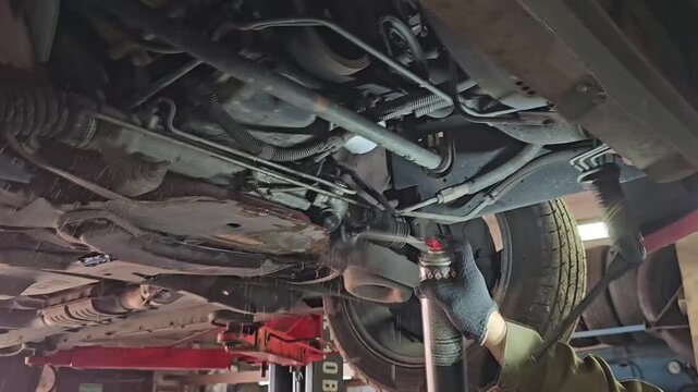 Car maintenance work done under the vehicle with tools and equipment in a garage