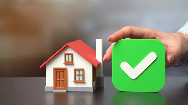Home and green check mark of approval. Real estate verification and legal compliance. Secure purchase or sale transaction. Property inspection and trusted housing deal