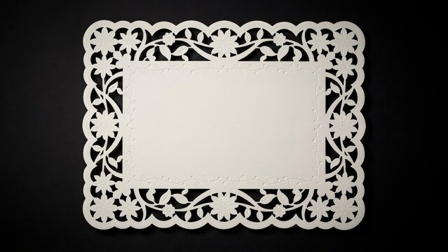 Intricate laser cut paper frame with floral lace border, elegant white filigree invitation card on black background, ornate decorative paper cutout