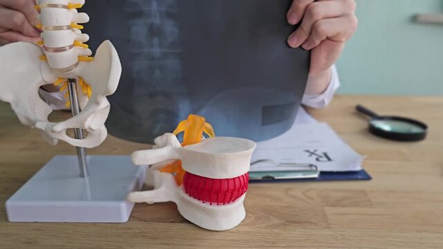 Doctor shows patient spine model and x-ray in clinic