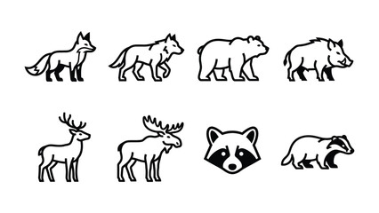 Fototapeta premium Wildlife Icons: A collection of stylized line art illustrations depicts various wild animals, including a fox, wolf, bear, boar, deer, moose, raccoon, and badger, set against a clean background.
