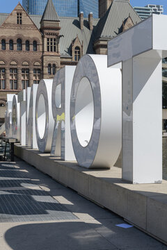 rear of 3d Toronto Sign at Nathan Phillips Square, City Hall, located at 100 Queen St W - late summer