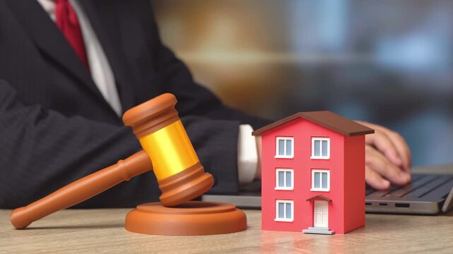 The house and the judge's gavel. Property valuation and legal disputes. Real estate court cases and attorney support. legal assistance in property transactions, house ownership conflict resolution.