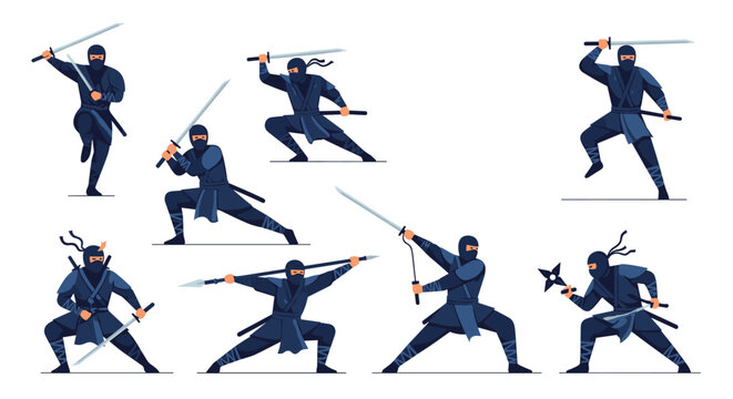 Collection of blue ninja characters in different action poses holding martial arts weapons like swords and spears.