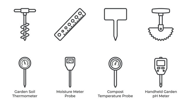 Garden Tool Collection: A collection of essential garden tools including a soil thermometer, moisture meter, compost thermometer, and pH meter, presented in a clear.