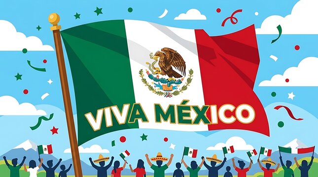 Mexican flag waving proudly with bold Viva M&eacute;xico text, flat vector illustration, green, white, and red palette