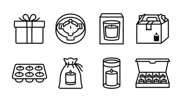 Candle Collection Icons: A set of clean, modern line art icons showcasing various candle types and packaging, including a gift box, holder, jar, and multipack.