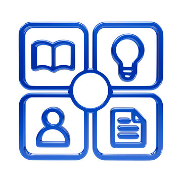 Blue 3d outline dashboard with four rounded squares containing book, lightbulb, user, document grid