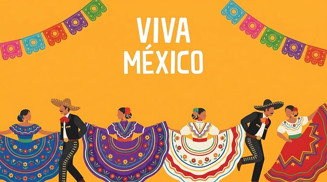 Mexican folk dancers, minimal Viva M&eacute;xico text, flat vector artwork, colorful cultural theme