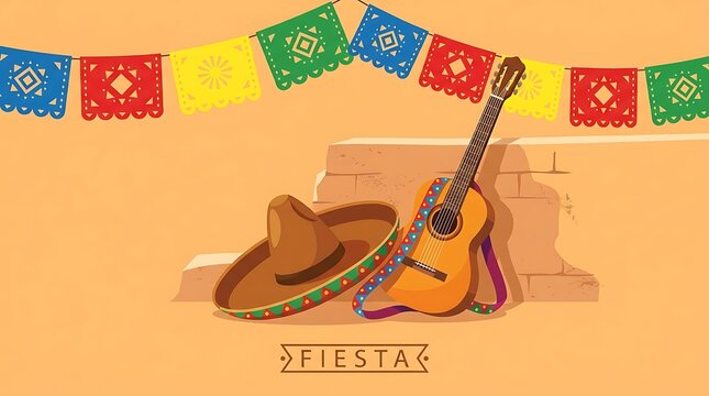 Traditional Mexican Sombrero and Guitar with Colorful Papel Picado, Vibrant Fiesta and Cultural Heritage Celebration Flat Vector Illustration
