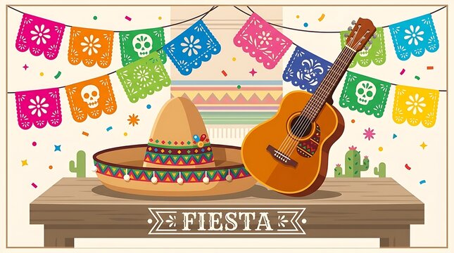 Mexican sombrero resting beside a guitar and colorful papel picado, minimal text, flat vector illustration