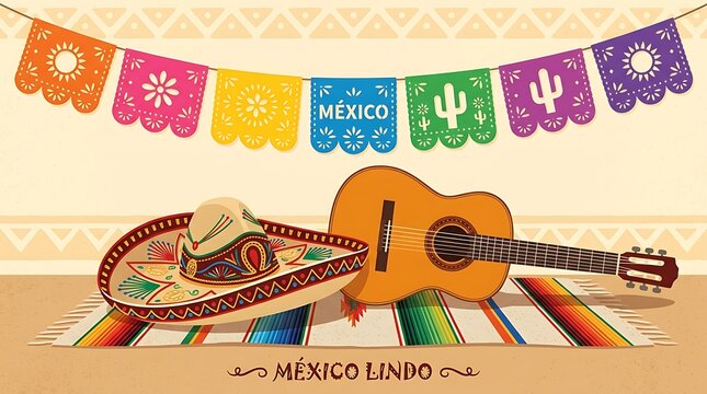 Mexican Sombrero Beside Traditional Guitar and Colorful Papel Picado, Festive Mexican Cultural Celebration Flat Vector Illustration
