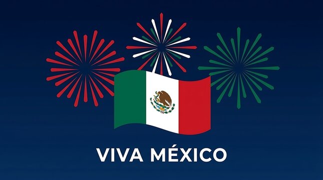 Red White and Green Fireworks with Viva M&eacute;xico Greeting, Festive Mexican Independence Day Celebration Flat Vector Illustration