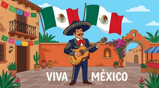 Traditional Mariachi Musician Playing Guitar Beneath Mexican Flags, Viva M&eacute;xico Cultural Heritage and Independence Day Fiesta Flat Vector Illustration