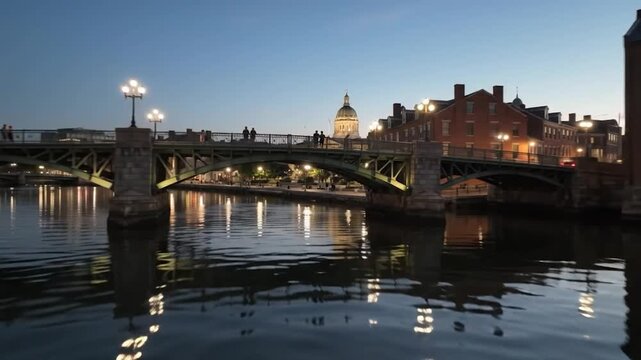 Scenic waterfront cityscape at twilight with historic bridge and riverside promenade in providence, rhode island