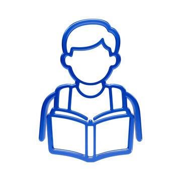 Blue glossy 3d of a student or pupil reading an open book, isolated on a solid black background reader