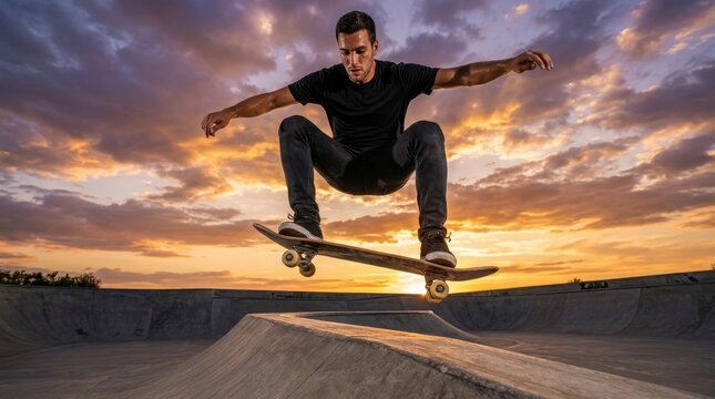 Skateboarder Performing Mid-Air Trick at Vibrant Sunset Low Angle